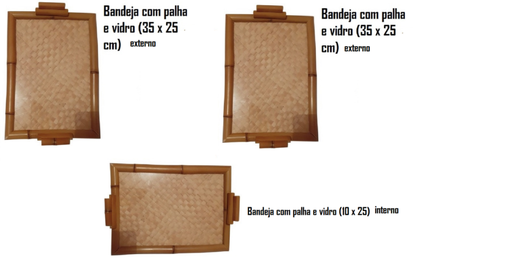 3 Bandejas de Bambu Natural c/ Palha e Vidro
