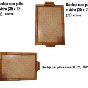 3 Bandejas de Bambu Natural c/ Palha e Vidro